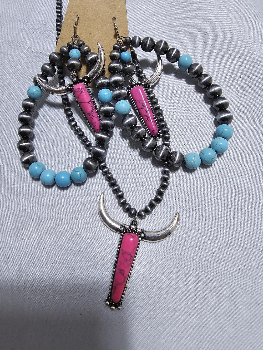 Pink Turquoise Western Horn Necklace & Earrings Set